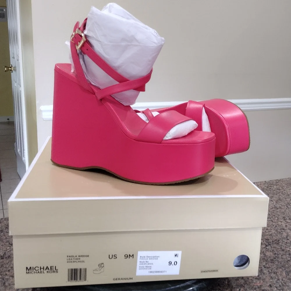 NWB Michael Kors Paola Leather Wedge Sandal - Picture 10 of 13